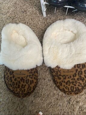 BearPaw Leopard Print Slippers with Cream Faux Fur